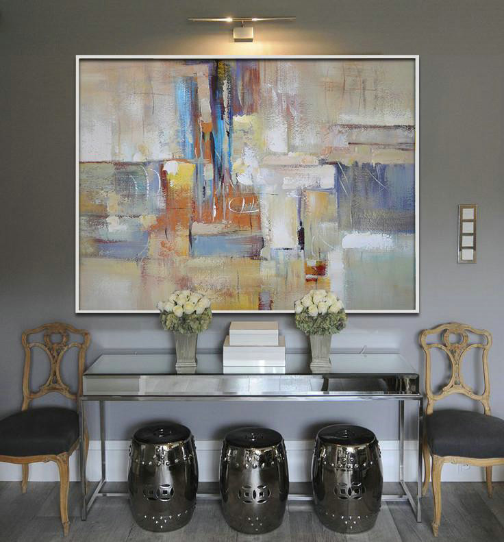 Huge Abstract Painting On Canvas,Oversized Horizontal Contemporary Art,Original Art Acrylic Painting,Grey,White,Earthy Yellow.etc
